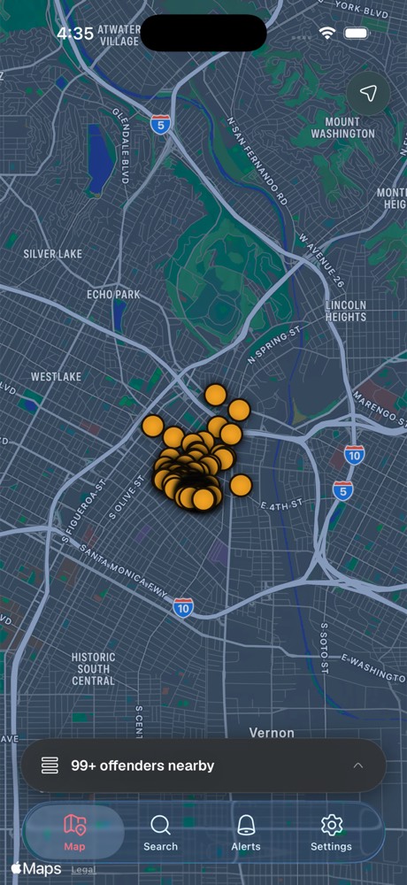 Map view with amber markers clustered over downtown and a bar reading 99 plus offenders nearby