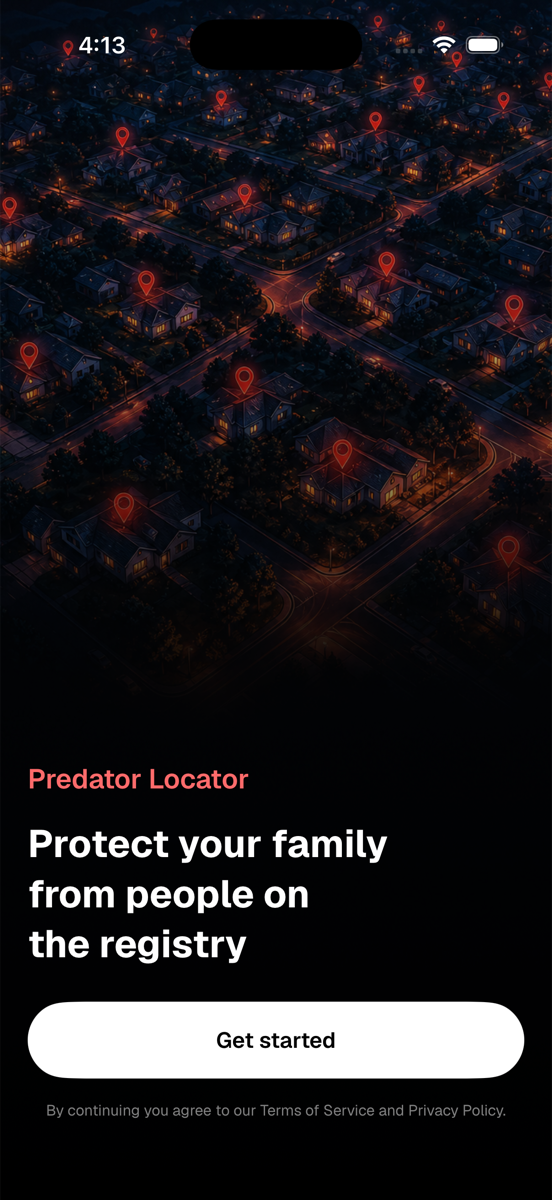 Predator Locator opening screen showing registry markers over a neighborhood at night